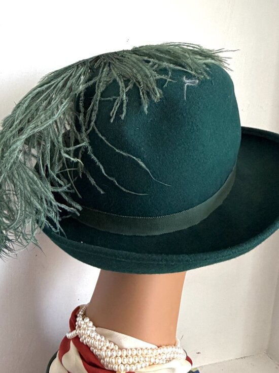 Vintage 1940s USA Bollman Victorian Plume Feather Bowler Fedora Forest Green Hat main image 8